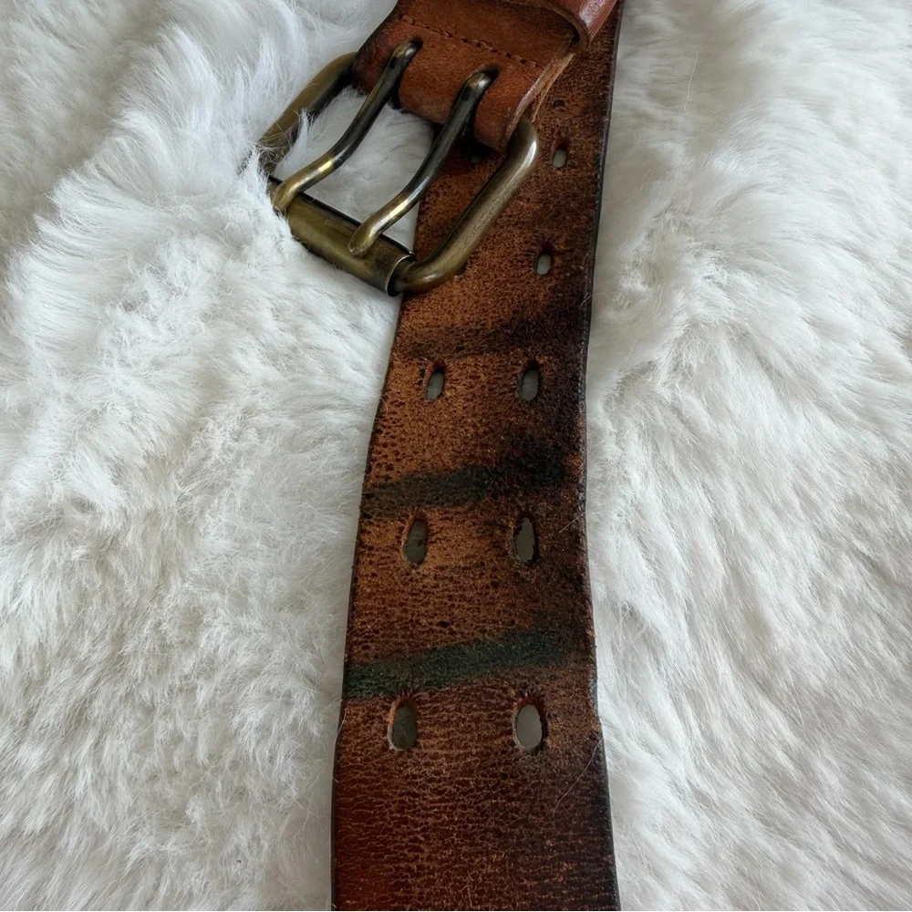 Vintage Distressed Leather Belt Solid Brass Double Prong Buckle Brown Size 34